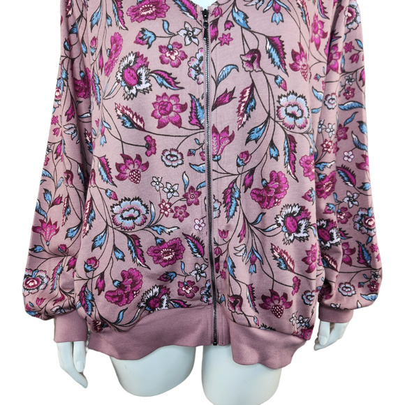 The Muses Lounge French Terry Zip-Front Full Zip Jacket Mauve Floral X-Large - Picture 4 of 16